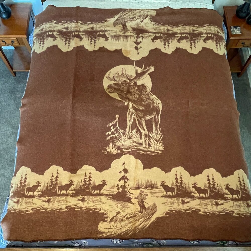 Vintage Northwoods Moose Hunting Motif Wool Blanket